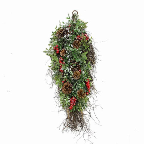 28" Glittered Artificial Boxwood, Pine Cone and Red Berry Christmas Teardrop Swag- Unlit