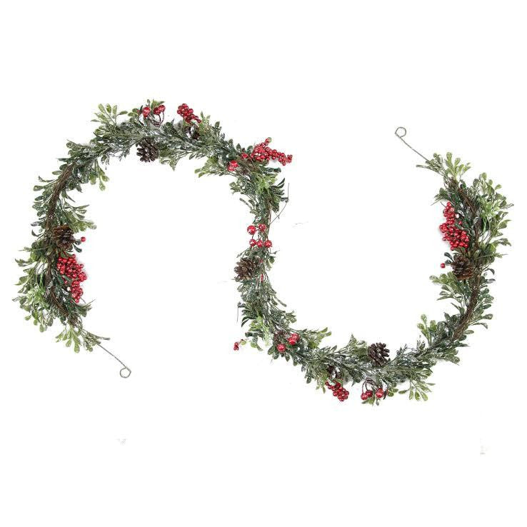 6' Glittered Artificial Boxwood, Pine Cone and Red Berry Christmas Garland- Unlit