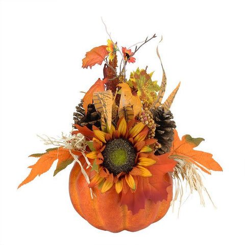 10" Autumn Harvest Artificial Pumpkin with Mixed Fall Leaves, Mums and Pine Cones Decoration