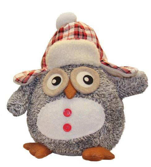 12" Adorable Gray Owl w- Plaid Bomber Cap Plush Table Top Christmas Figure