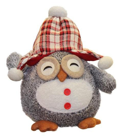 12" Darling Gray Owl w- Plaid Bennie Cap Plush Table Top Christmas Figure