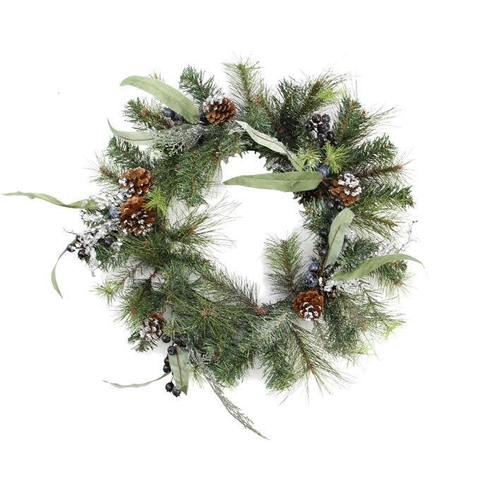 24" Artificial Mixed Pine with Blueberries, Pine Cones and Ice Twigs Christmas Wreath - Unlit