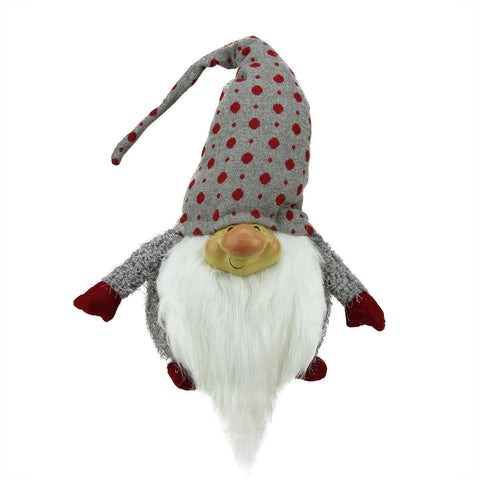 22" Long Bearded Gray and Red Chubby Smiling Gnome w- Polka-Dot Hat Plush Table Top Christmas Figure