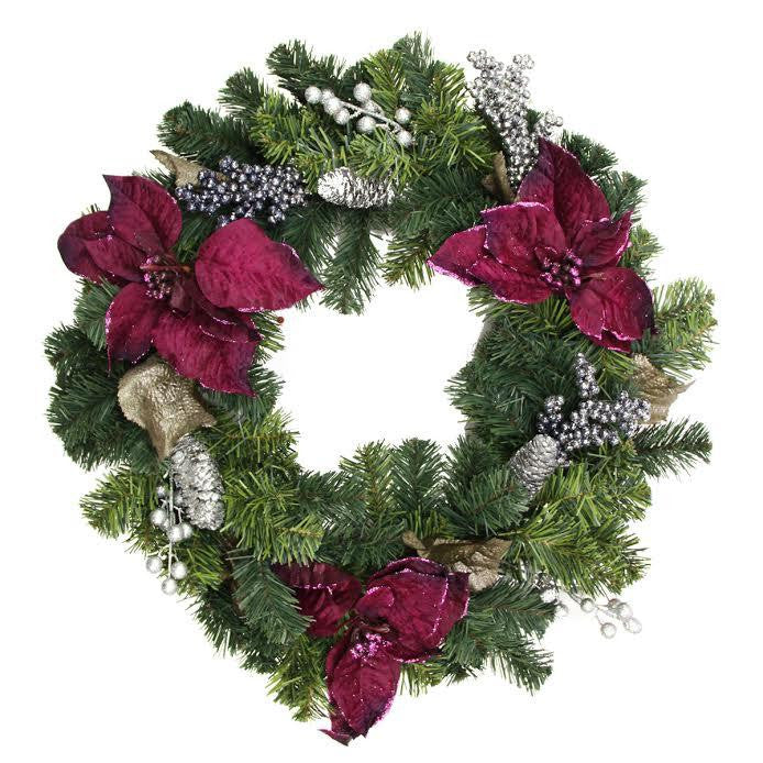 24" Two-Tone Pine with Purple Poinsettias, Silver Pine Cones and Berries Christmas Wreath - Unlit