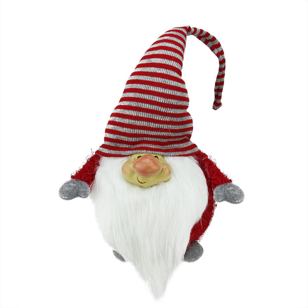 22" Long Bearded Red and Gray Chubby Smiling Gnome w- Stripe Hat Plush Table Top Christmas Figure