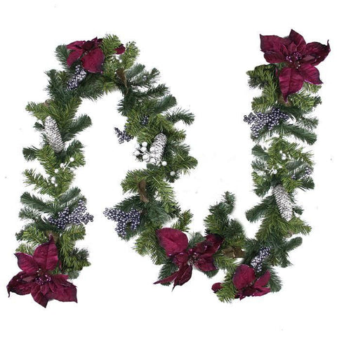 6' x 10" Two-Tone Pine with Purple Poinsettias, Berries and Pine Cones Christmas Garland - Unlit