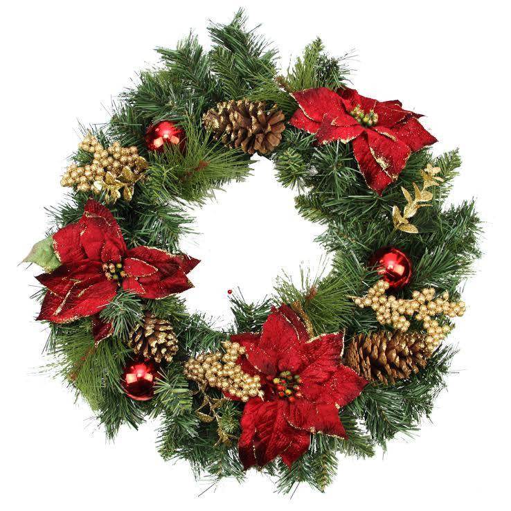 24" Artificial Mixed Pine with Red Poinsettias, Gold Pine Cones and Berries Christmas Wreath - Unlit