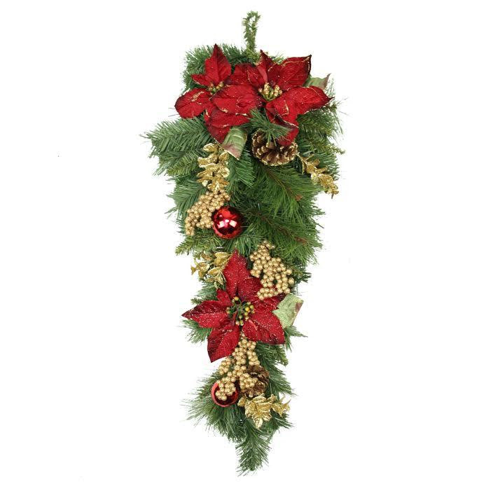 28" Pine with Red Balls, Poinsettias, Gold Pine Cones and Berries Christmas Teardrop Swag - Unlit