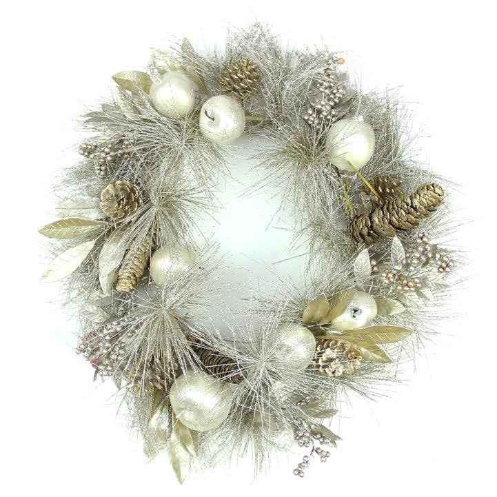 24" Glitter Champagne Gold Pomegranate, Apple, Pine Cone and Berry Christmas Wreath - Unlit