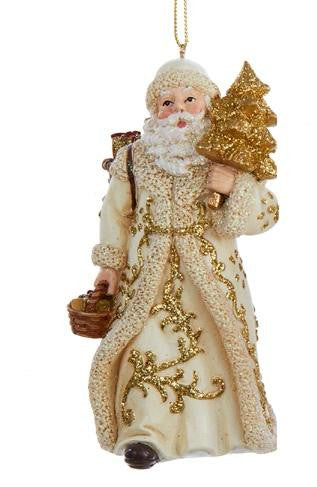 4.5" Resin Ivory and Gold Santa Claus holding Basket of Presents and Tree Christmas Ornament