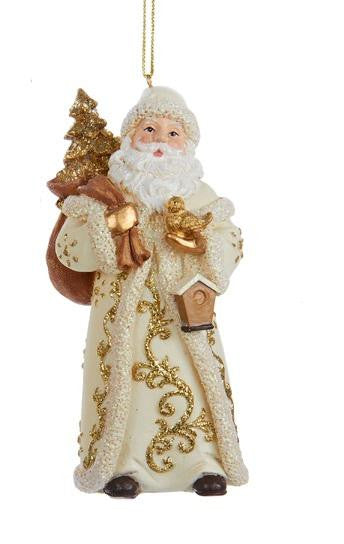 4.5" Resin Ivory and Gold Santa Claus with Sack of Presents and Bird Christmas Ornament