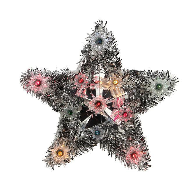 9" Lighted Silver Tinsel Star Christmas Tree Topper - Multi-Color Lights