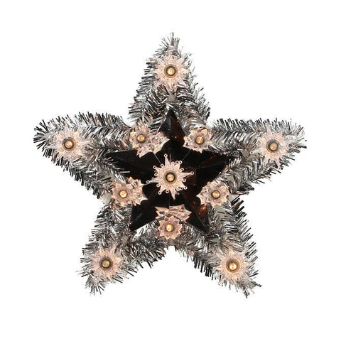 9" Lighted Silver Tinsel Star Christmas Tree Topper -Clear Lights