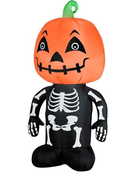 3.5' LED Inflatable Pumpkin Head on Skeleton Body Lighted Halloween Yard Art Decoration