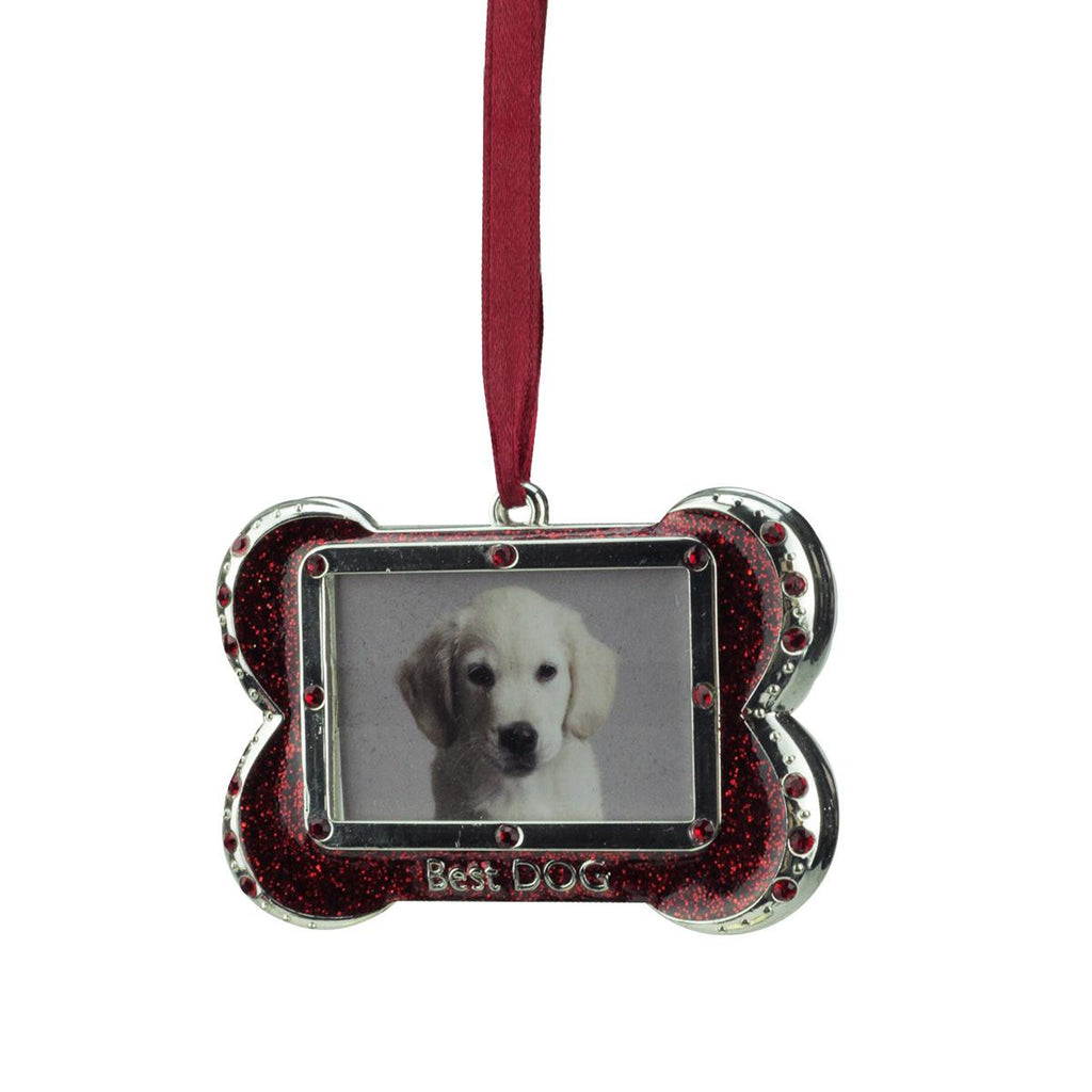 3" Regal Shiny Silver-Plated Red "Best DOG" Bone Picture Ornament with European Crystals