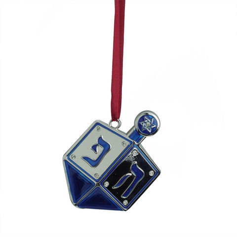 3" Regal Shiny Silver-Plated Blue Dreidel Hanukkah Holiday Ornament with European Crystals