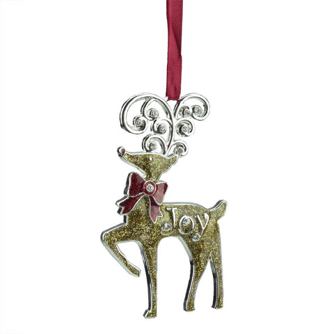 3.75" Regal Shiny Silver-Plated Gold Glitter "Joy" Reindeer Ornament with European Crystals