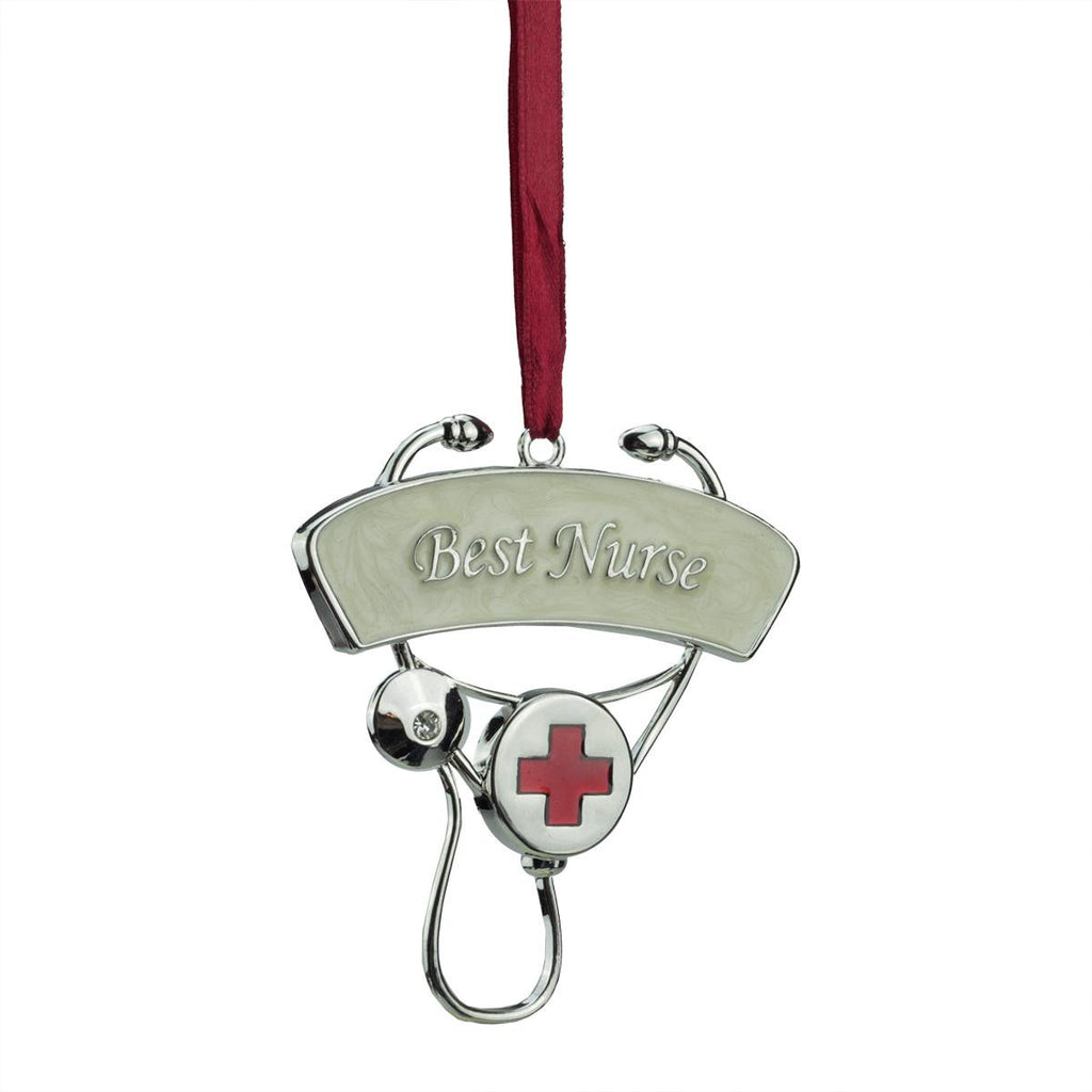 3.25" Regal Silver-Plated "Best Nurse" Stethoscope Holiday Ornament with European Crystal