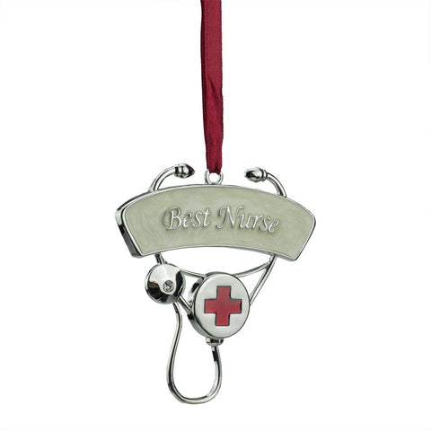 3.25" Regal Silver-Plated "Best Nurse" Stethoscope Holiday Ornament with European Crystal