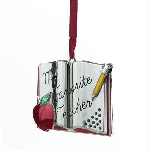 3.25" Regal Silver-Plated "My Favorite Teacher" Holiday Ornament with European Crystal