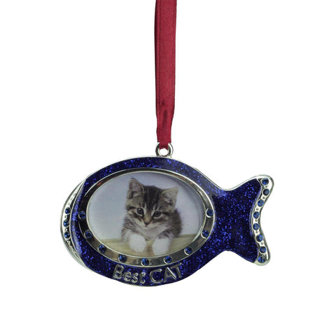 3" Regal Shiny Silver-Plated Blue "Best Cat" Fish Picture Ornament with European Crystals