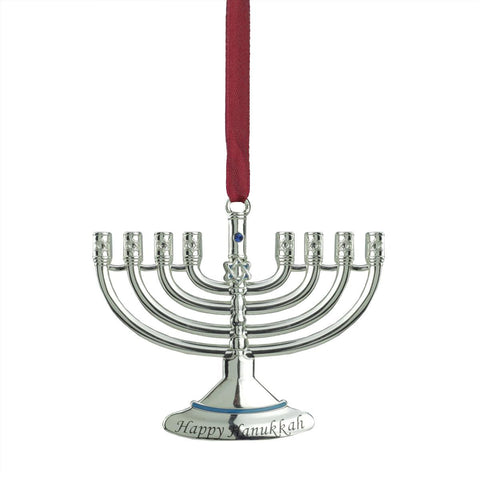 3.25" Regal Shiny Silver-Plated Hanukkah Menora Holiday Ornament with European Crystal