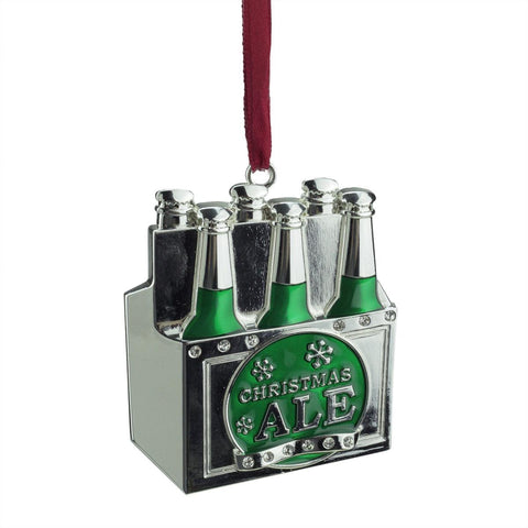 3" Regal Silver-Plated Green 6-Pack of Christmas Ale Ornament with European Crystals