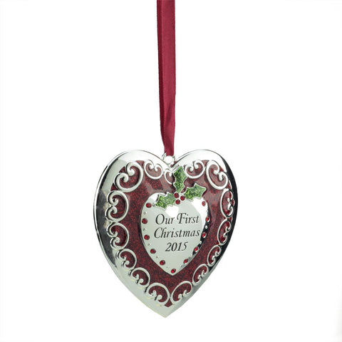 3.25" Regal Silver and Red "Our First Christmas 2015" Heart Ornament w- European Crystals