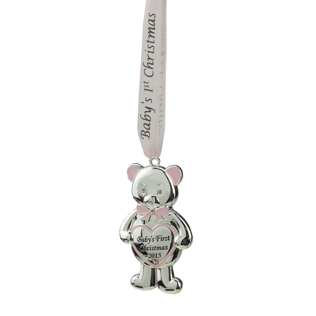 3.25" Regal Silver and Pink "Baby's First Christmas 2015" Bear Ornament w- European Crystals