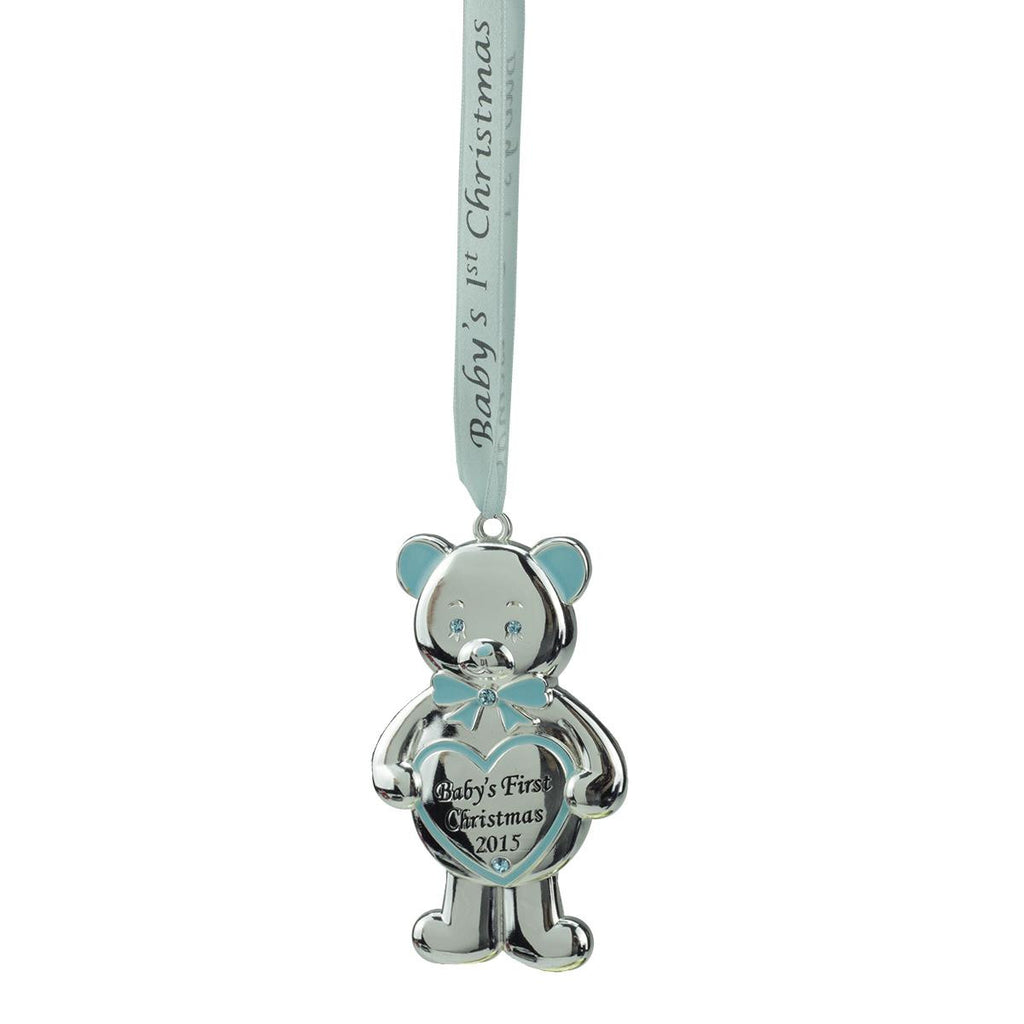 3.25" Regal Silver and Blue "Baby's First Christmas 2015" Bear Ornament w- European Crystals