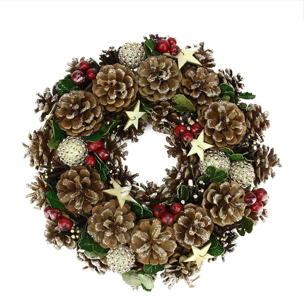 13" Glitter Pine Cone and Holly Berry Artificial Christmas Wreath - Unlit