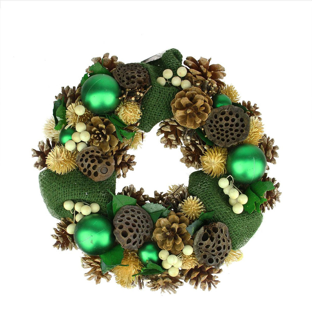 13" Green Burlap, Pine Cone, and Berry Artificial Christmas Wreath - Unlit