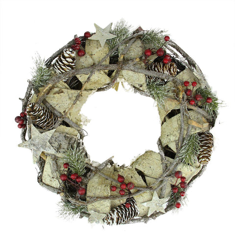 13" Country Rustic White Birch Bark, Twig, Pine Cone and Berry Artificial Christmas Wreath - Unlit