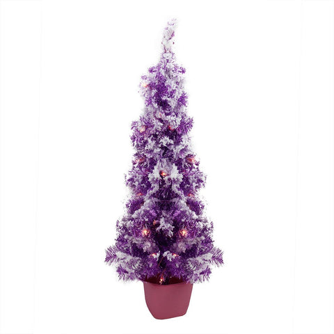 3.5' x 18'' Pre-Lit Potted Flocked Purple Pencil Tinsel Artificial Christmas Tree - Clear Lights