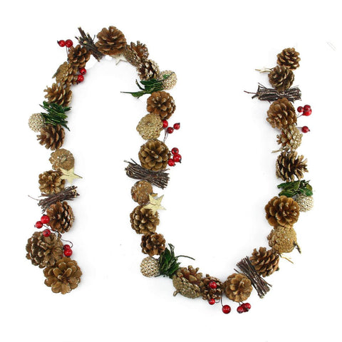 5' Decorative Glittered Pine Cone, Twig and Holly Berry Artificial Christmas Garland - Unlit