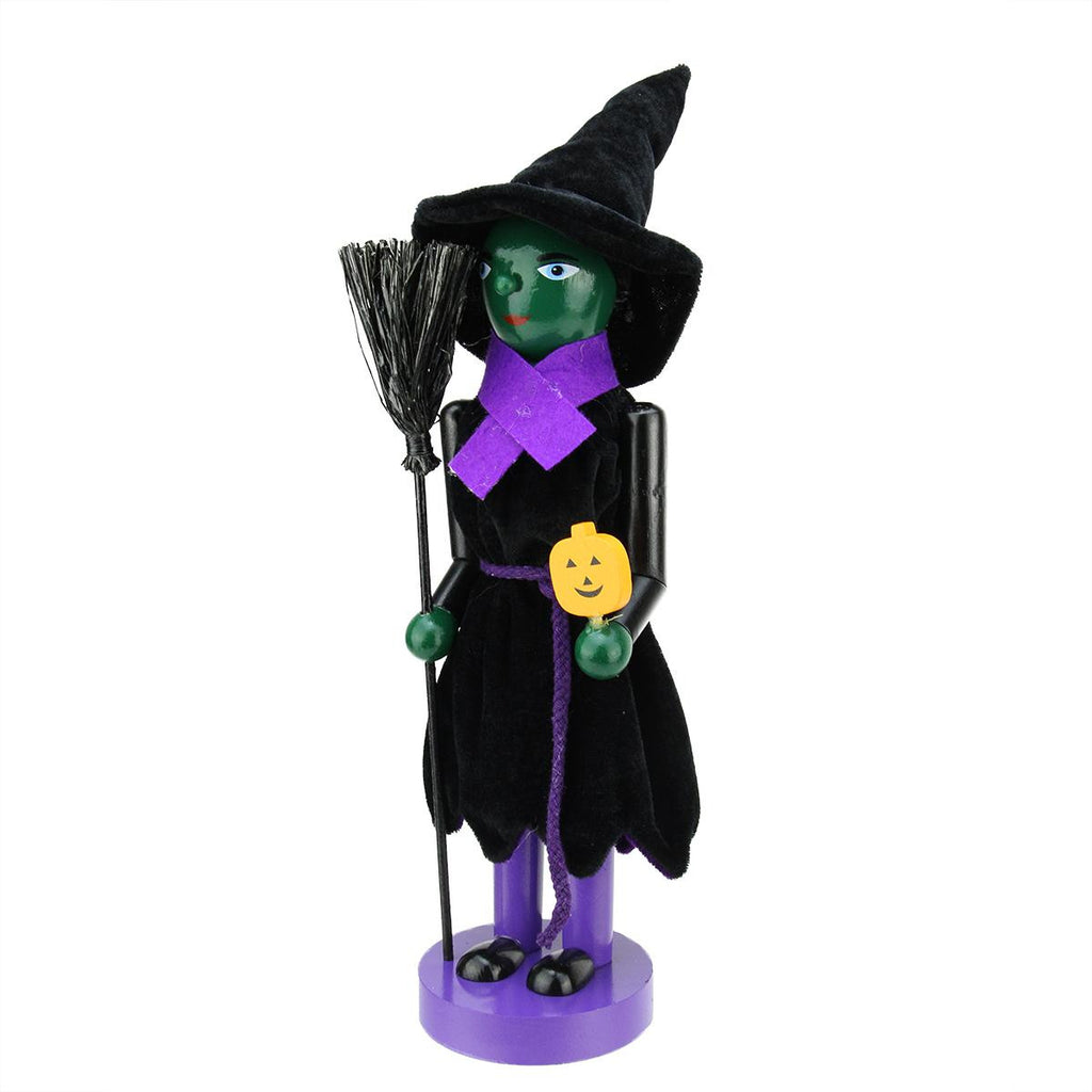 14" Green Witch Decorative Wooden Halloween Nutcracker Holding Broom and Jack-O-Lantern