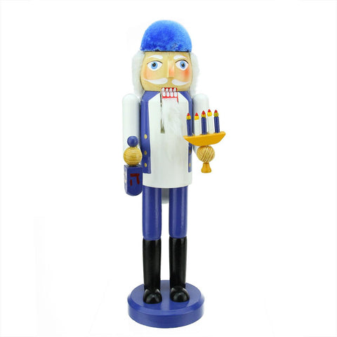 14" Decorative Blue and White Wooden Hanukkah Nutcracker with Menorah and Dreidel