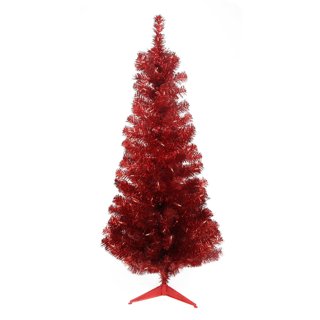 4' x 29" Pre-Lit Slim Red Artificial Tinsel Christmas Tree- Clear Lights