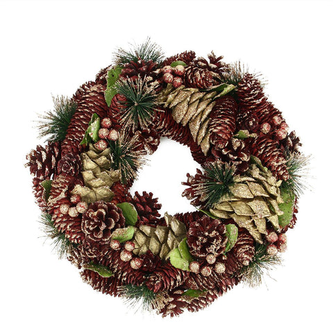 13" Burgundy and Gold Glitter Pine Cone and Berries Artificial Christmas Wreath - Unlit