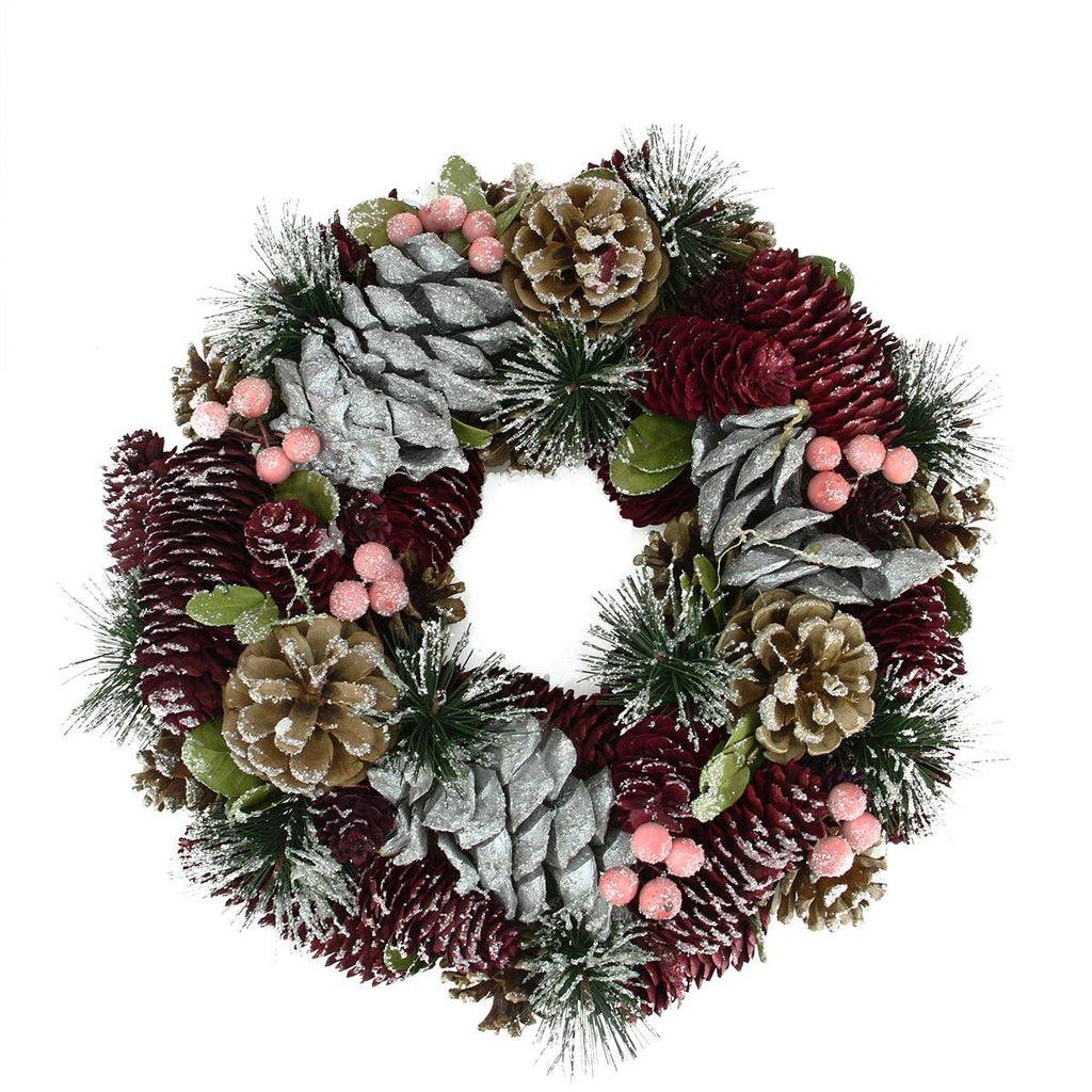 13.5" Burgundy, Silver and Pink Glitter Pine Cone and Berries Artificial Christmas Wreath - Unlit