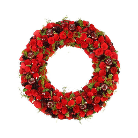 20" Red Wooden Roses and Berries Artificial Christmas Wreath - Unlit