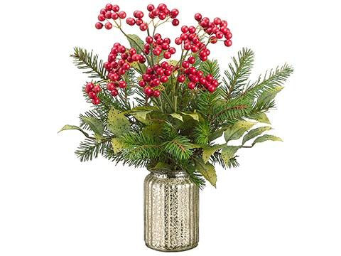 17.5" Artificial Berries and Pine Tree Needles Winter Floral Arrangement