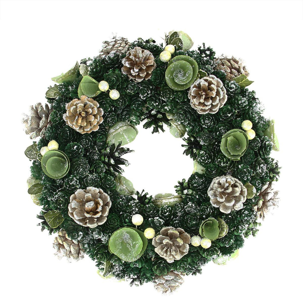 13.5" Green Mini Pine Cone and Wooden Rose Artificial Christmas Wreath - Unlit