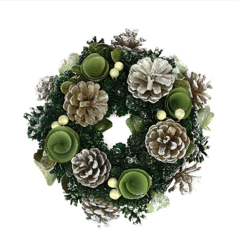 11" Green Mini Pine Cone and Wooden Rose Artificial Christmas Wreath - Unlit