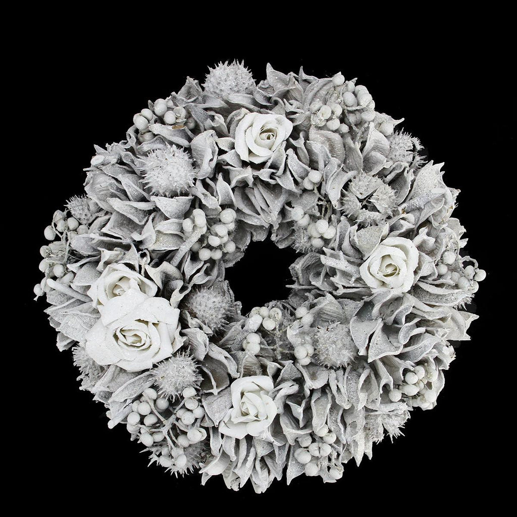 9.5" White Glitter Rose and Walnut Shell Artificial Christmas Wreath - Unlit