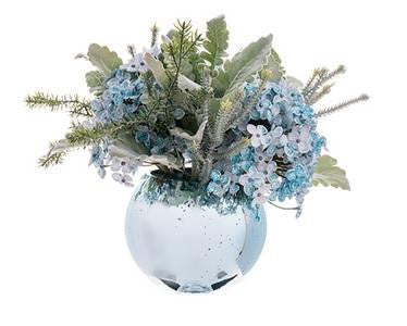 11" Winter Light Glittered Blue-Green Silk Hydrangea Flowers Potted in Speckled Glass Bowl