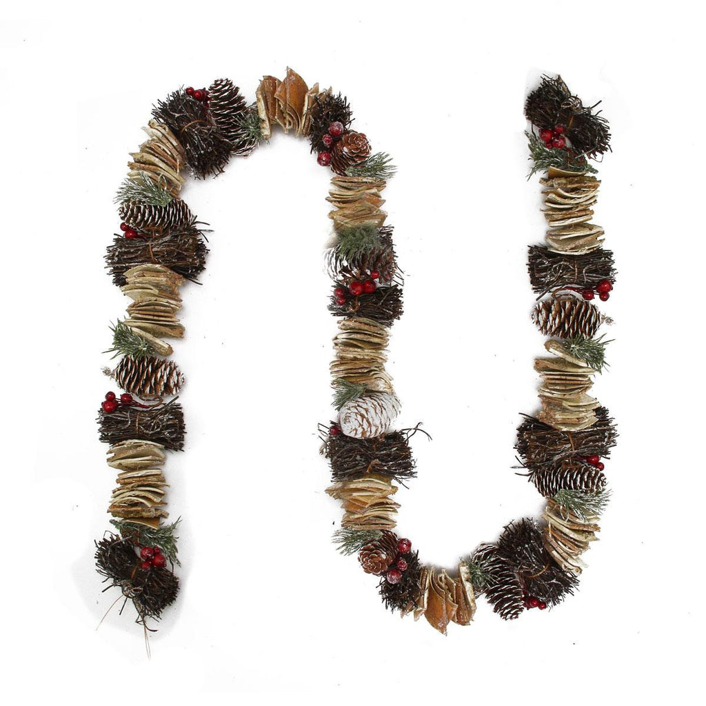 5' Frosted Pine Cone, Natural Twig and Birch Wood Artificial Christmas Garland - Unlit