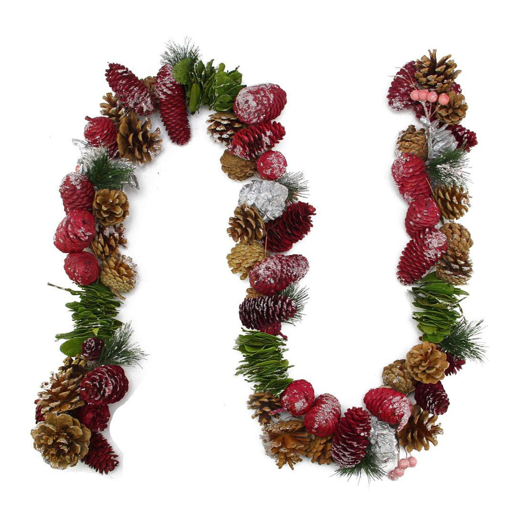 5' Red, Silver and Natural Pine Cone, Bay Leaf and Berry Artificial Christmas Garland - Unlit