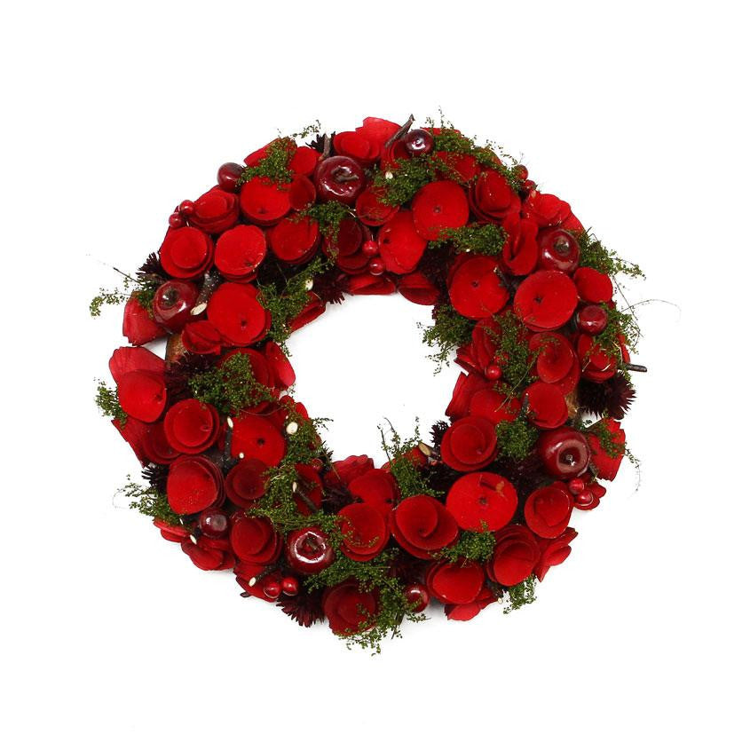 13" Red Wooden Roses and Berries Artificial Christmas Wreath - Unlit