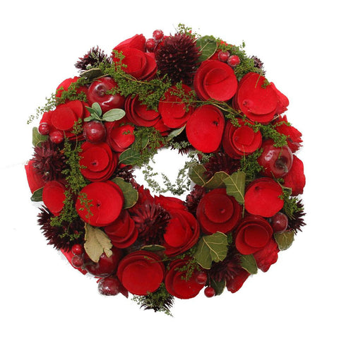 10" Red Wooden Roses and Berries Artificial Christmas Wreath - Unlit